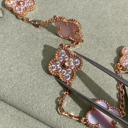 [Leaves]CLOVER 10 MOTIFS DIAMOND PINK MOP NECKLACE
