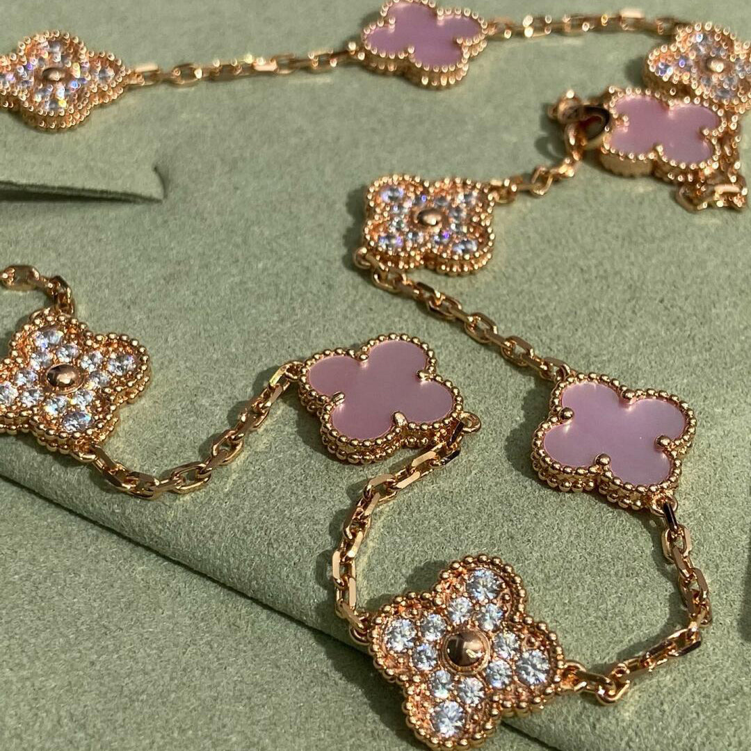 [Leaves]CLOVER 10 MOTIFS DIAMOND PINK MOP NECKLACE