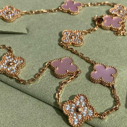 [Leaves]CLOVER 10 MOTIFS DIAMOND PINK MOP NECKLACE