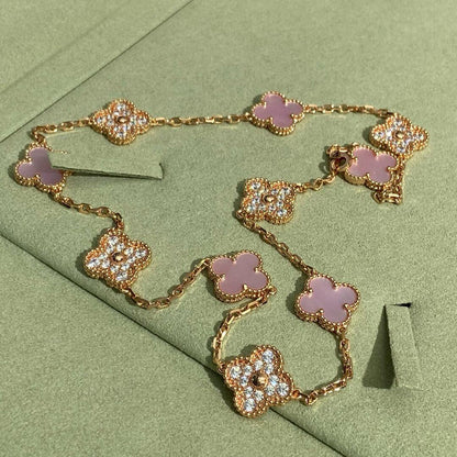 [Leaves]CLOVER 10 MOTIFS DIAMOND PINK MOP NECKLACE