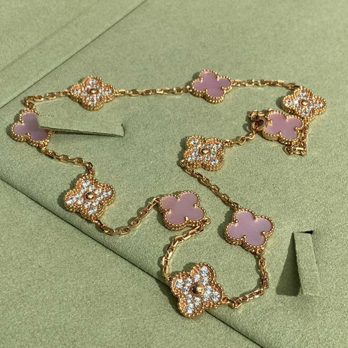 [Leaves]CLOVER 10 MOTIFS DIAMOND PINK MOP NECKLACE