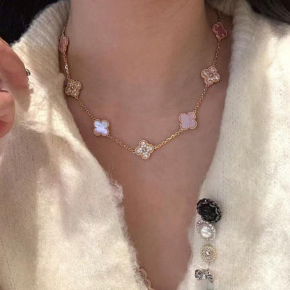 [Leaves]CLOVER 10 MOTIFS DIAMOND PINK MOP NECKLACE