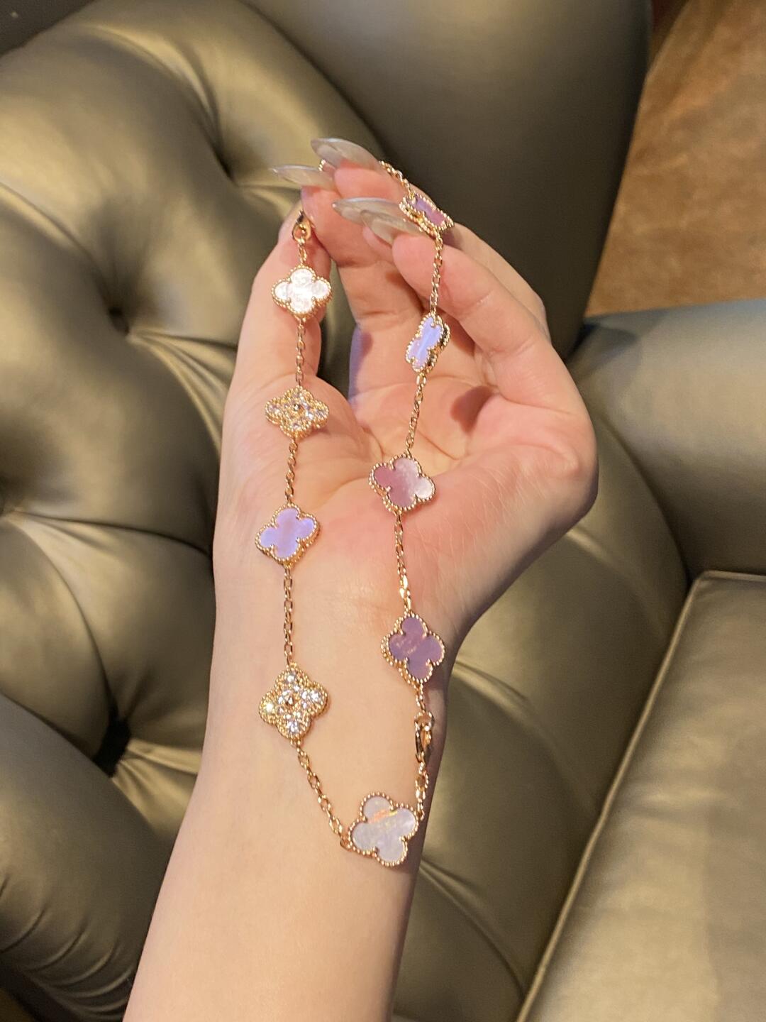 [Leaves]CLOVER 10 MOTIFS DIAMOND PINK MOP NECKLACE
