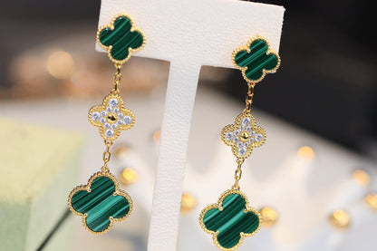 [Leaves]CLOVER EARRINGS GOLD MALACHITE DIAMOND 3 MOTIF
