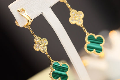 [Leaves]CLOVER EARRINGS GOLD MALACHITE DIAMOND 3 MOTIF