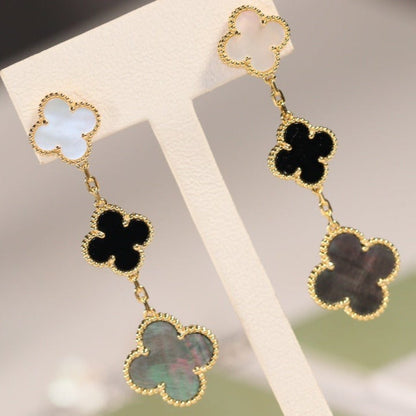 [Leaves]CLOVER EARRINGS GOLD ONYX MOP 3 MOTIF