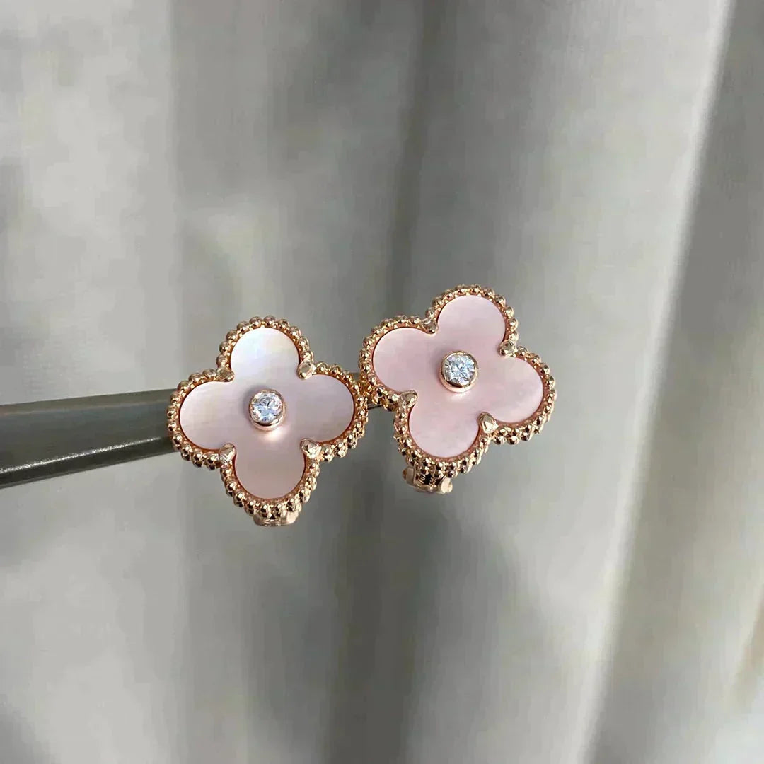 [Leaves]CLOVER MEDIUM 1 MOTIFS  PINK MOP DIAMOND EARRINGS