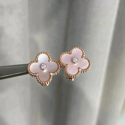 [Leaves]CLOVER MEDIUM 1 MOTIFS  PINK MOP DIAMOND EARRINGS