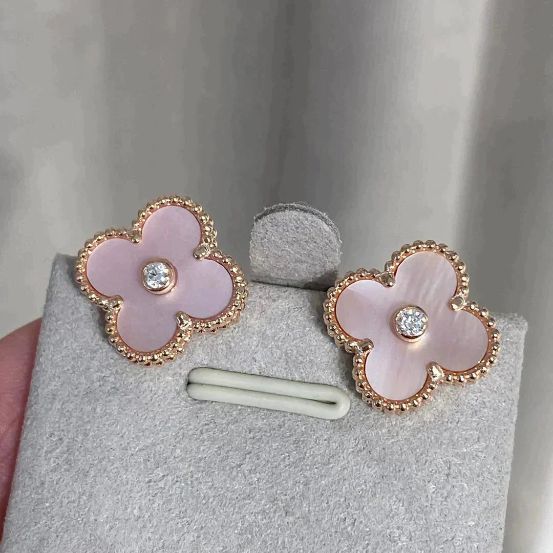 [Leaves]CLOVER MEDIUM 1 MOTIFS  PINK MOP DIAMOND EARRINGS