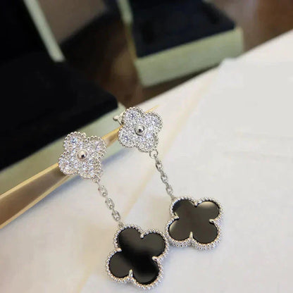 [Leaves]CLOVER 2 MOTIFS  DIAMOND ONYX EARRINGS SILVER