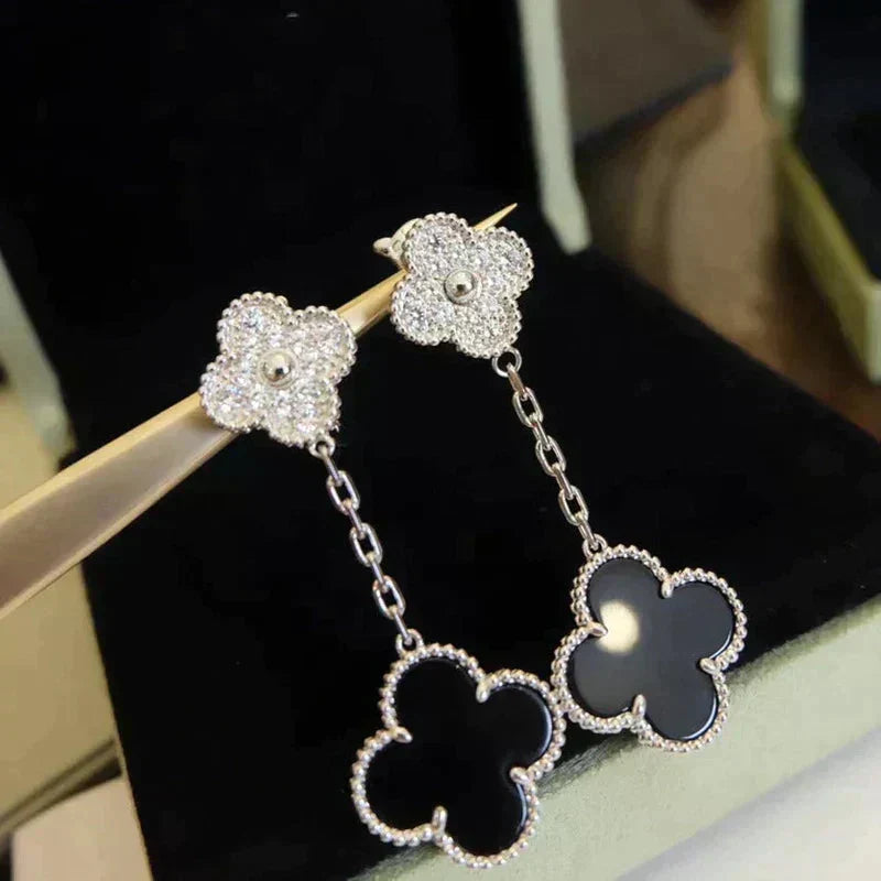 [Leaves]CLOVER 2 MOTIFS  DIAMOND ONYX EARRINGS SILVER