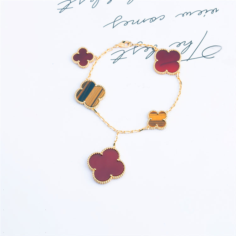 [Leaves]CLOVER BRACELET 5 MOTIFS CARNELIAN TIGER EYE