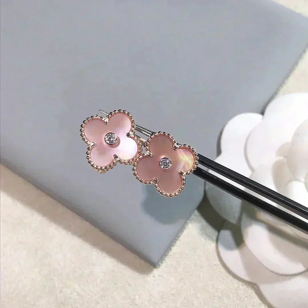[Leaves]CLOVER MEDIUM 1 MOTIFS  PINK MOP DIAMOND EARRINGS