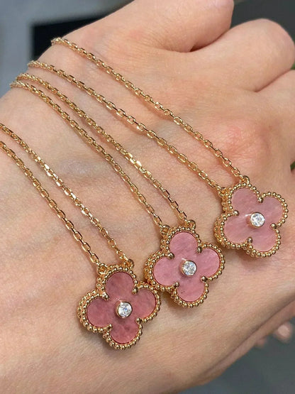 [Leaves]CLOVER 15MM DIAMOND RHODONITE NECKLACE