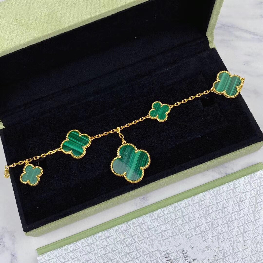 [Leaves]MAGIC CLOVER MALACHITE GOLD BRACELET 5 MOTIFS