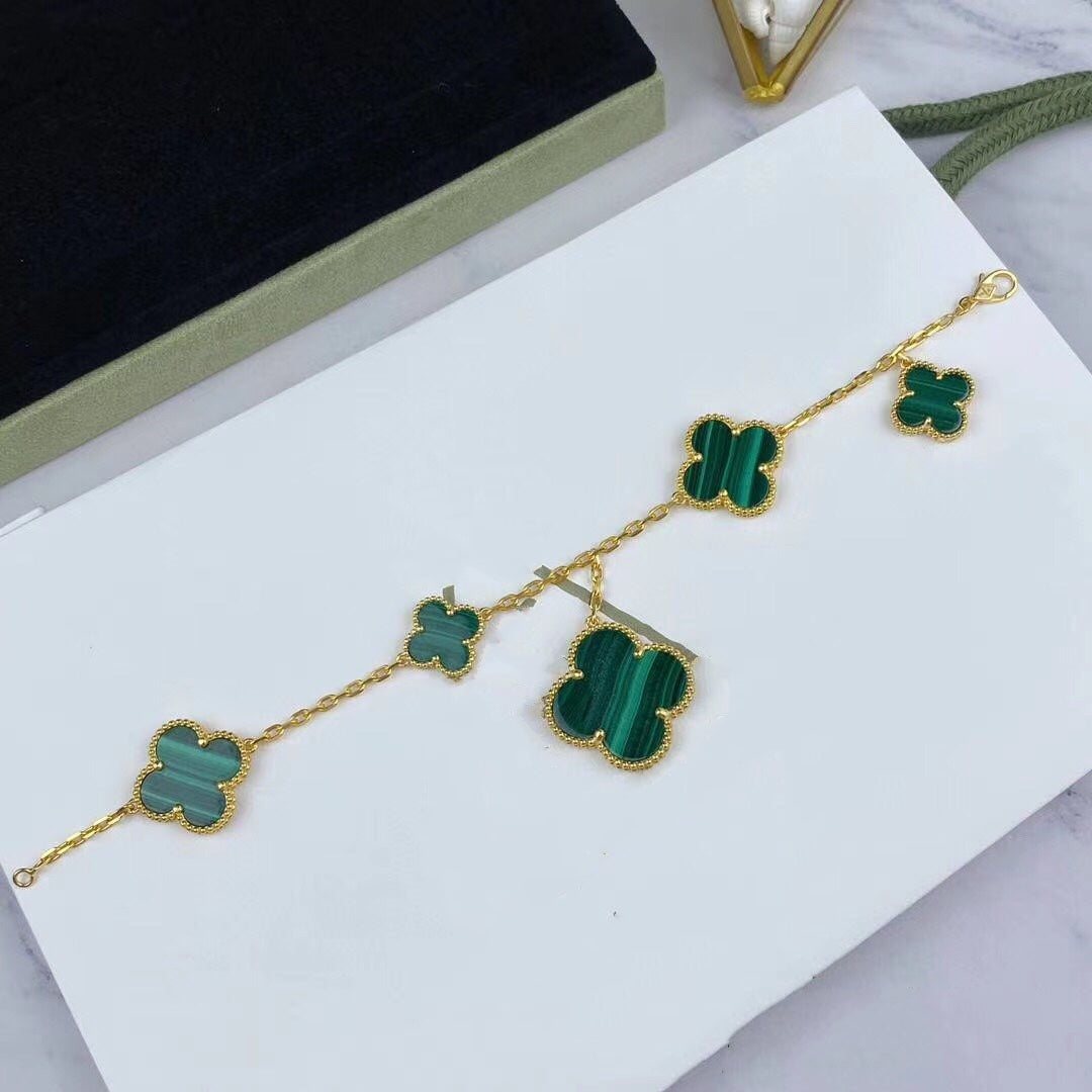 [Leaves]MAGIC CLOVER MALACHITE GOLD BRACELET 5 MOTIFS