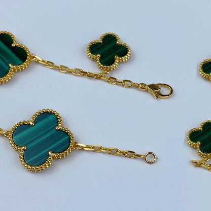 [Leaves]MAGIC CLOVER MALACHITE GOLD BRACELET 5 MOTIFS