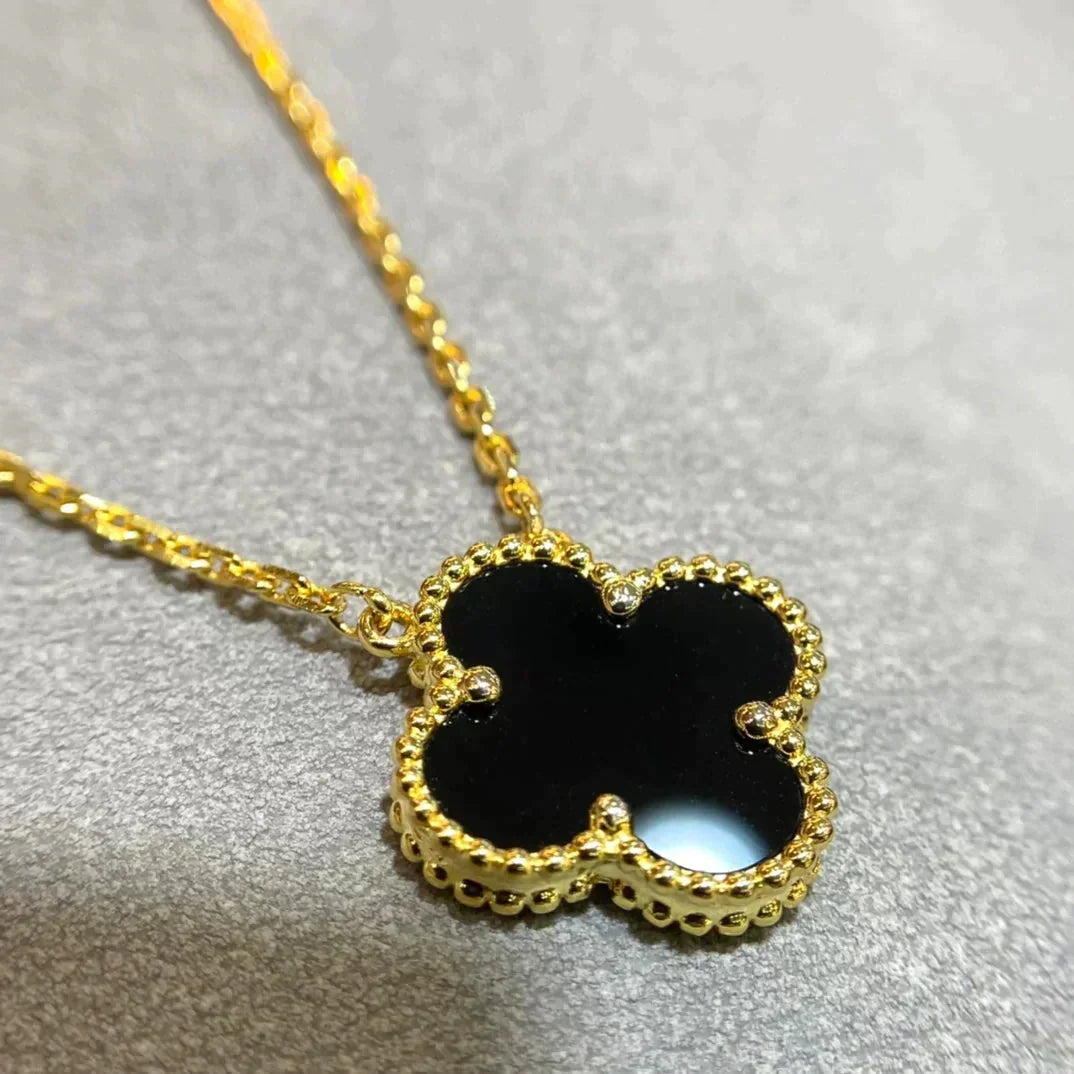 [Leaves]CLOVER 15MM BLACK ONYX SINGLE FLOWER NECKLACE