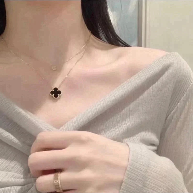 [Leaves]CLOVER 15MM BLACK ONYX SINGLE FLOWER NECKLACE