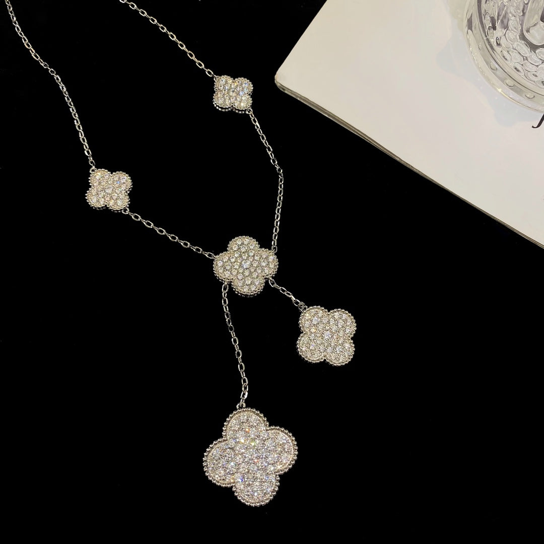 [Leaves]CLOVER 5 MOTIFS SILVER DIAMONDS NECKLACE