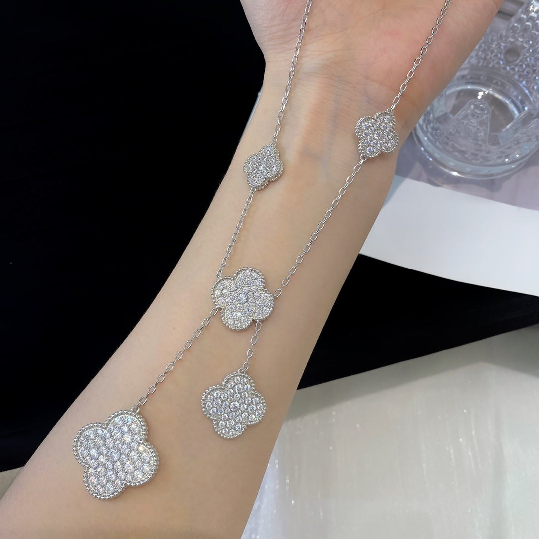 [Leaves]CLOVER 5 MOTIFS SILVER DIAMONDS NECKLACE