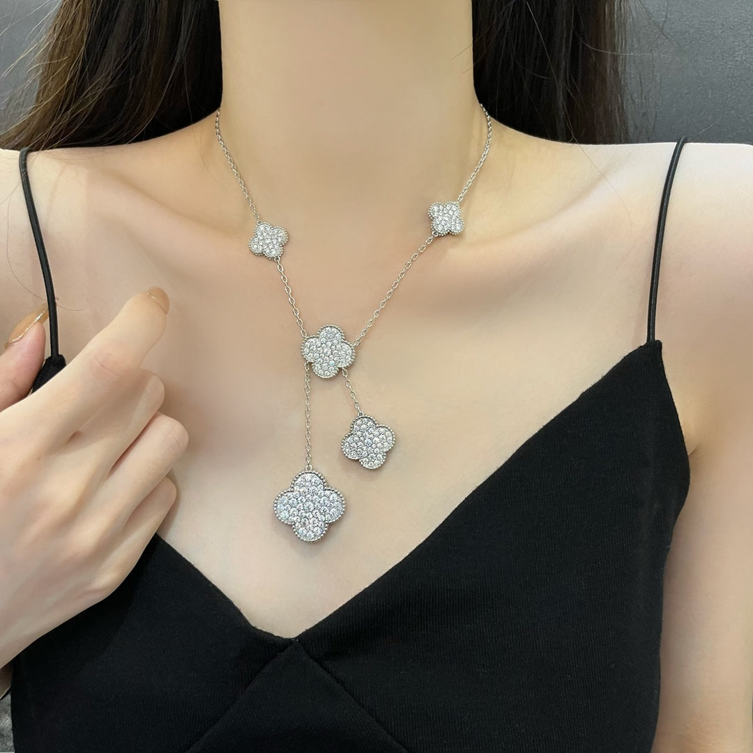 [Leaves]CLOVER 5 MOTIFS SILVER DIAMONDS NECKLACE