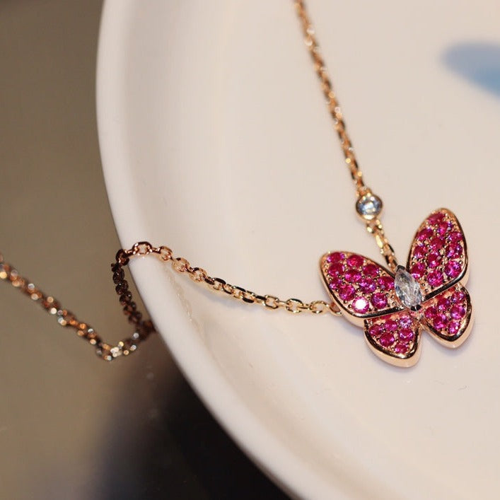 [Leaves]BUTTERFLY RED DIAMOND ROSE GOLD NECKLACE
