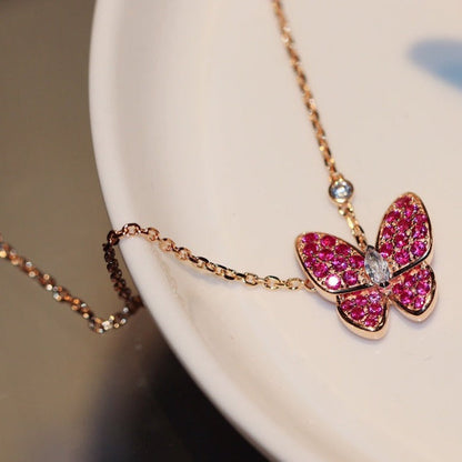 [Leaves]BUTTERFLY RED DIAMOND ROSE GOLD NECKLACE