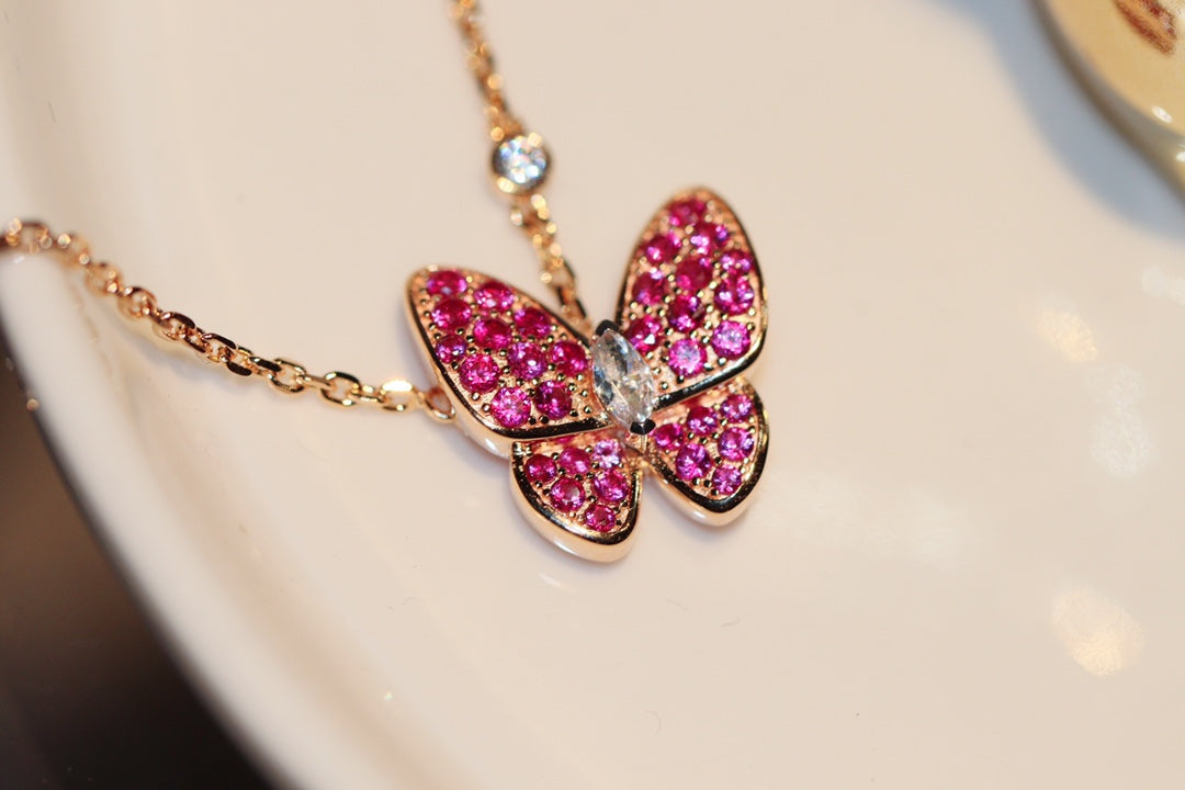 [Leaves]BUTTERFLY RED DIAMOND ROSE GOLD NECKLACE