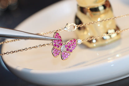 [Leaves]BUTTERFLY RED DIAMOND ROSE GOLD NECKLACE