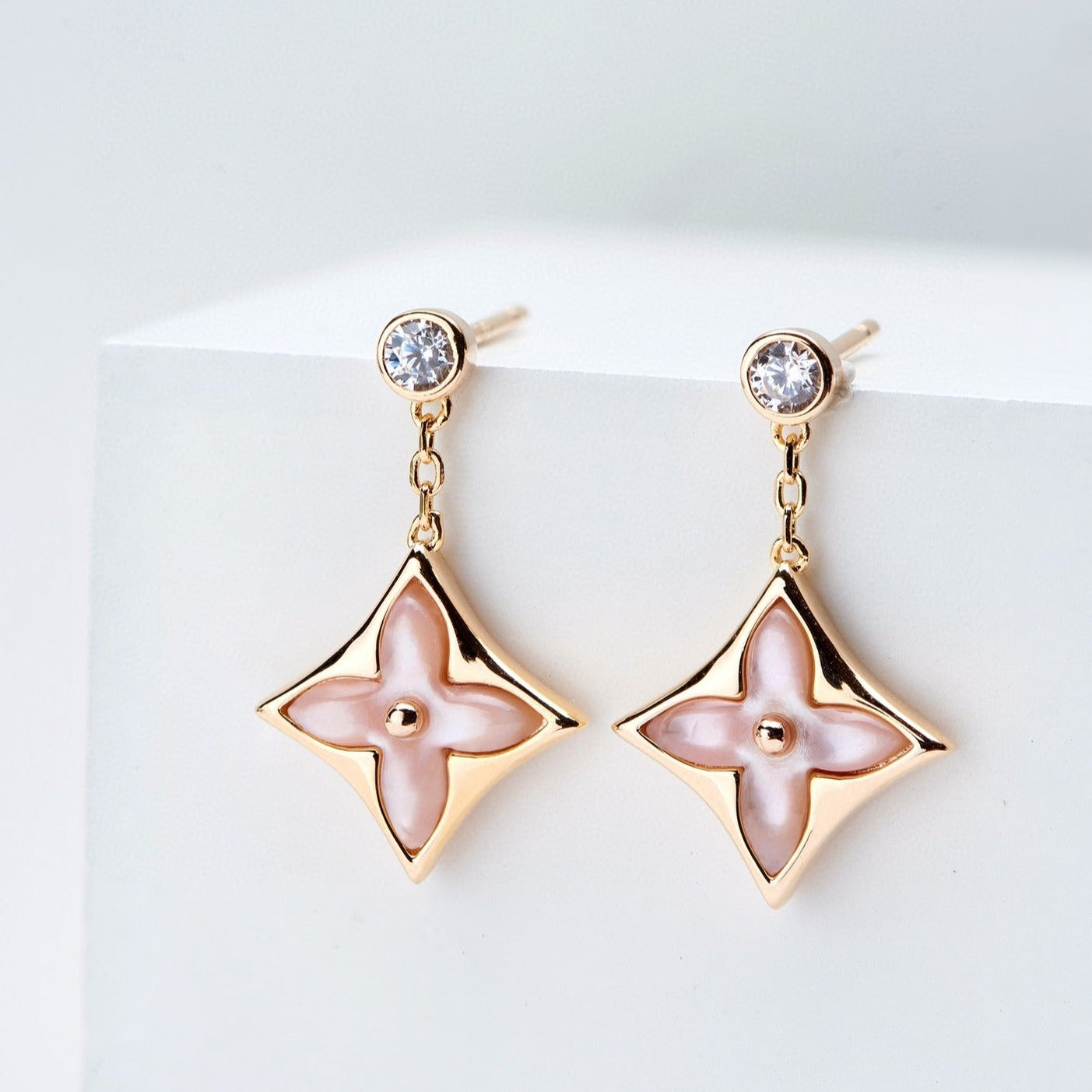 [Leaves]DOUBLE STAR ROSE GOLD MOP DROP EARRINGS
