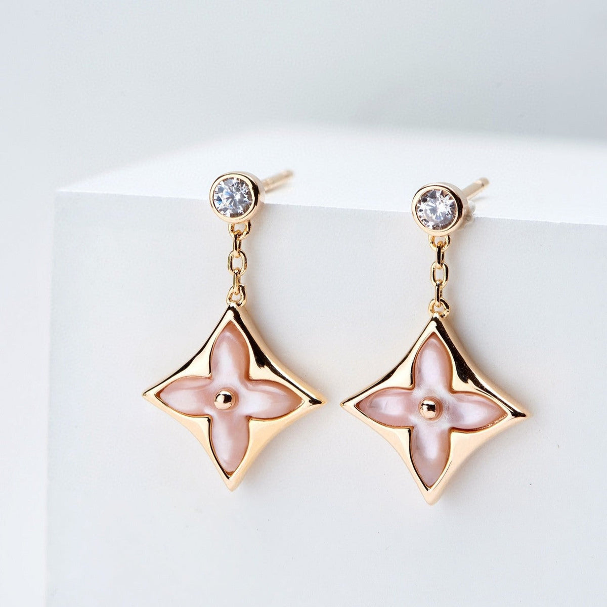 [Leaves]DOUBLE STAR PINK GOLD MOP DROP EARRINGS