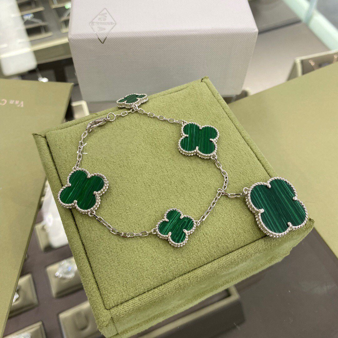 [Leaves]CLOVER 5 MOTIFS SIVLER MALACHITE BRACELET