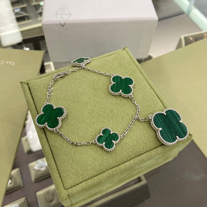 [Leaves]CLOVER 5 MOTIFS SIVLER MALACHITE BRACELET