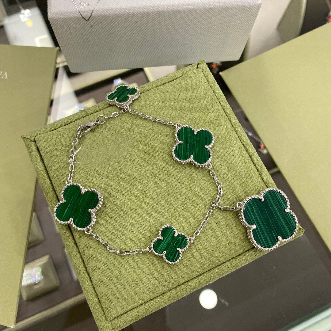 [Leaves]CLOVER 5 MOTIFS SIVLER MALACHITE BRACELET