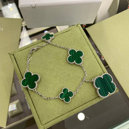 [Leaves]CLOVER 5 MOTIFS SIVLER MALACHITE BRACELET