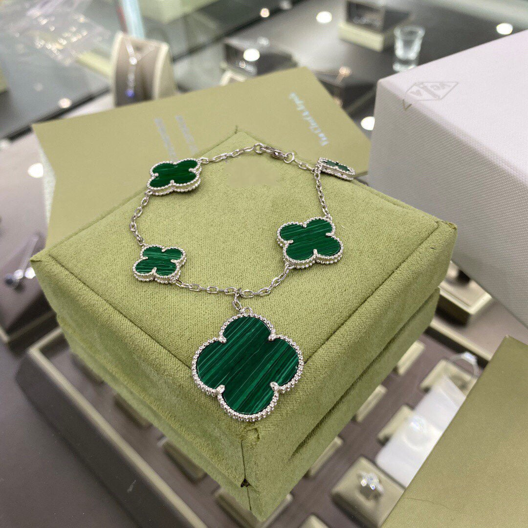 [Leaves]CLOVER 5 MOTIFS SIVLER MALACHITE BRACELET