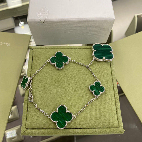 [Leaves]CLOVER 5 MOTIFS SIVLER MALACHITE BRACELET