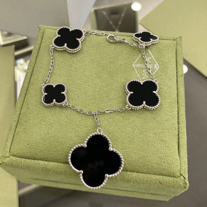 [Leaves]CLOVER 5 MOTIFS SIVLER ONYX BRACELET