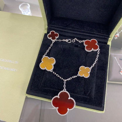 [Leaves]CLOVER 5 MOTIFS SIVLER CARNELIAN TIGER EYE BRACELET