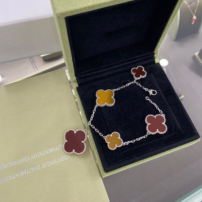 [Leaves]CLOVER 5 MOTIFS SIVLER CARNELIAN TIGER EYE BRACELET