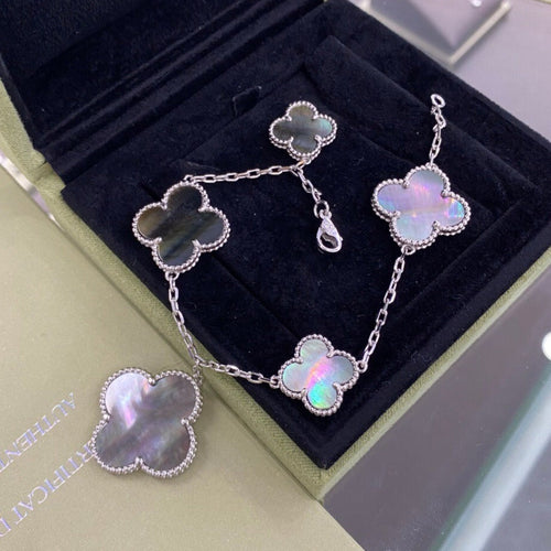 [Leaves]CLOVER 5 MOTIFS SIVLER DARK MOP BRACELET