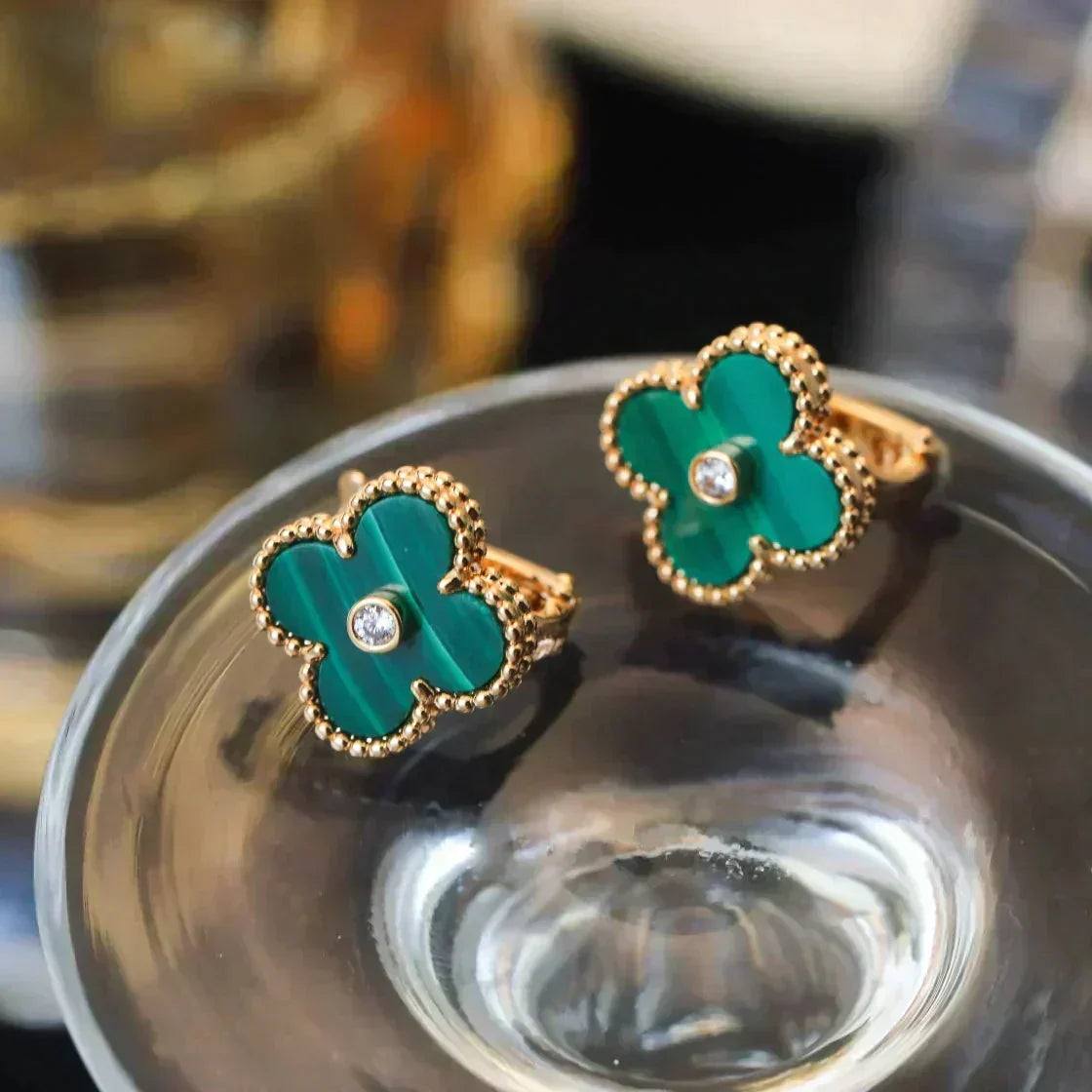 [Leaves]CLOVER MEDIUM 1 MOTIFS MALACHITE DIAMOND EARRINGS