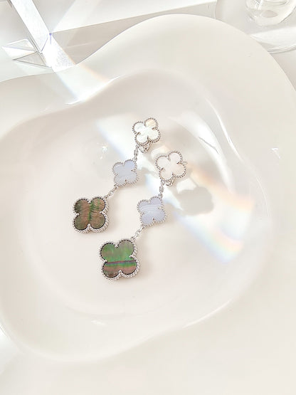 [Leaves]CLOVER 3 MOTIFS CHALCEDONY DARK MOP SILVER EARRINGS