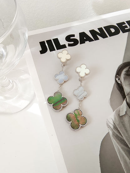[Leaves]CLOVER 3 MOTIFS CHALCEDONY DARK MOP SILVER EARRINGS