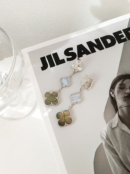 [Leaves]CLOVER 3 MOTIFS CHALCEDONY DARK MOP SILVER EARRINGS