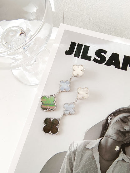 [Leaves]CLOVER 3 MOTIFS CHALCEDONY DARK MOP SILVER EARRINGS