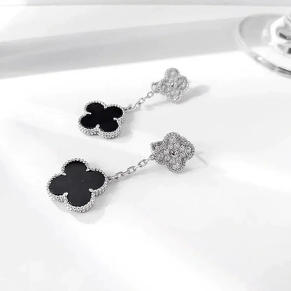 [Leaves]CLOVER 2 MOTIFS  DIAMOND ONYX EARRINGS SILVER