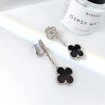 [Leaves]CLOVER 2 MOTIFS  DIAMOND ONYX EARRINGS SILVER