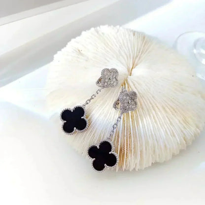 [Leaves]CLOVER 2 MOTIFS  DIAMOND ONYX EARRINGS SILVER